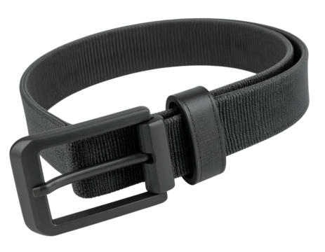 A close-up studio shot showing a textured, dark-colored belt with a matte black buckle