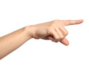 Close-up studio shot of a light-skinned hand, finger extended, pointing right against a void