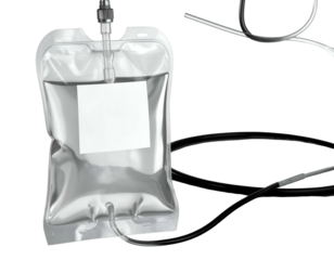 Realistic, close-up medical image of a saline bag with attached tubes on a dark background
