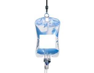 Isolated clear IV bag containing blue liquid and attached tubing against a black backdrop