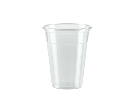 Clear, transparent, disposable plastic cup, cylindrical shape, with flared rim, isolated on black background