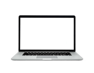 Front view of an open, metallic laptop with a blank white screen on a black background