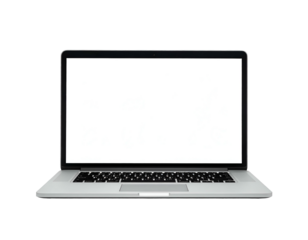Front view of an open, metallic laptop with a blank white screen on a black background