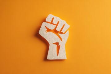Raised Fist Paper Cutout on Orange Background, Protest Symbol