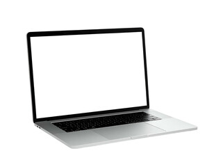 Modern silver computer with a blank white screen, isolated against a solid black backdrop