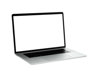 Modern silver computer with a blank white screen, isolated against a solid black backdrop