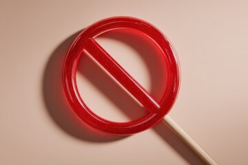 Red prohibition sign lollipop candy on beige background, sweet treat denied.