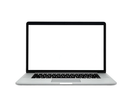 Front view of an open, metallic laptop with a blank white screen on a black background