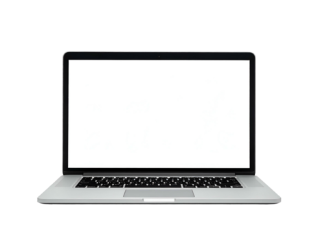 Front view of an open, metallic laptop with a blank white screen on a black background