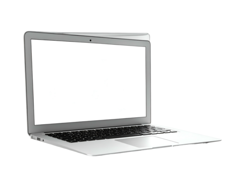 A light silver, opened laptop computer with an empty white screen
