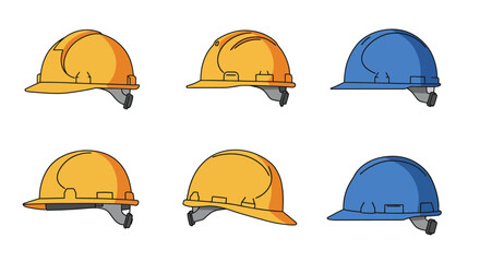 Fototapeta premium Set of six hard hats in yellow and blue colors.