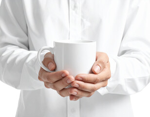 Hands Holding Warm Mug with Steam on Ultra-Clean White Background 