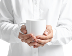 Hands Holding Warm Mug with Steam on Ultra-Clean White Background 