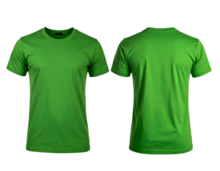 Front and back view of a plain, short-sleeved, crew neck, green shirt isolated on black