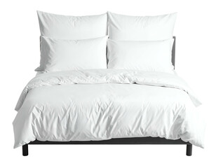 Plain white bed with four pillows and a comforter against a transparent background