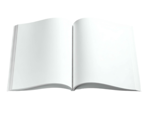 An open, blank book with white pages set against a stark black background