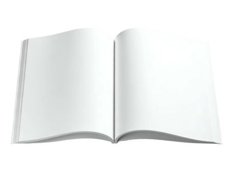 An open, blank book with white pages set against a stark black background