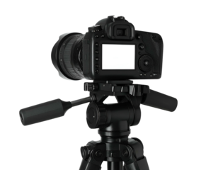 Rear view of a digital SLR camera mounted on a tripod, blank screen