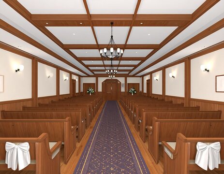 Interior view of a long wooden chapel with pews and a patterned aisle carpet