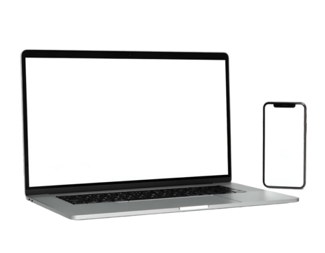Modern grey laptop and smartphone with blank white screens side-by-side, angled and isolated