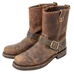 Pair of rugged leather biker boots with buckle strap detail