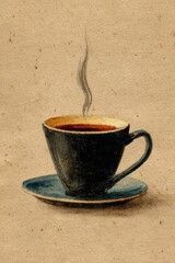 Watercolor illustration of a steaming black coffee cup with blue saucer on beige textured paper background, minimalist vintage cafe artwork