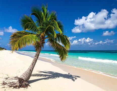 Tranquil beach scene with a palm tree, clear water, and blue sky - Powered by Adobe