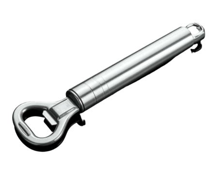 Metallic bottle opener on black background, showing handle and opening mechanism