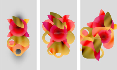 Abstract floral designs, vibrant colors, geometric shapes. Backgrounds feature gradients, text elements, modern aesthetic.