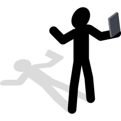 Silhouetted figures one capturing a selfie with another lying on the ground indoors with a gray tablet device against a transparent background in a modern style