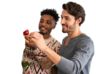 Happy gay mixed ethnicity couple decorating a small Christmas tree