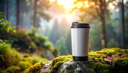 Abstract Travel Mug Mockup on Mossy Rock in Misty Forest - Commercial Photography