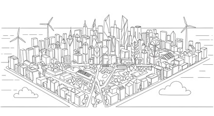 Obraz premium Line Drawing of Modern City Skyline with Wind Turbines and Green Spaces