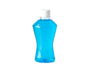 A transparent bottle, filled with blue liquid, against a black background, cap on