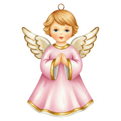 Cute blonde angel figure in pink dress with gold trim and praying hands isolate