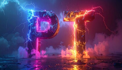 Two neon letters crackling with lightning amidst fog