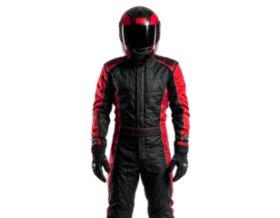 A person, in a dark racing suit and helmet, stands centrally against a black background