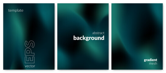 Abstract liquid background set. Gradient mesh. Effect blend dark green color. Blurred fluid colorful mix. Modern design template for web cover, header, ad banner, poster, brochure, flyer. Vector image