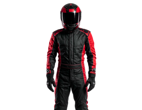 A person, in a dark racing suit and helmet, stands centrally against a black background