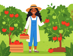 Happy mixed race woman harvesting organic tomatoes from her garden. Sustainable agric