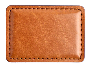 Close-up of a rectangular, stitched, brown leather patch with a slightly rounded frame