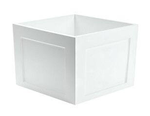 A white square box with a paneled design on its sides, viewed at an angle