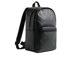 Fototapeta premium Black rectangular backpack made of a leather-like material, side view, on black background