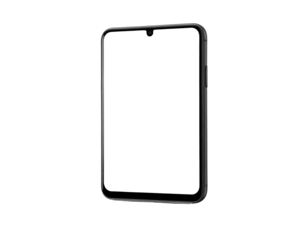 Isometric view of a black smartphone, screen off, against a black background