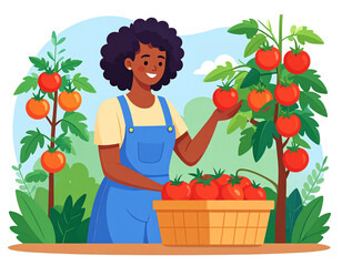 Happy mixed race woman harvesting organic tomatoes from her garden. Sustainable agric