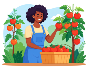 Happy mixed race woman harvesting organic tomatoes from her garden. Sustainable agric