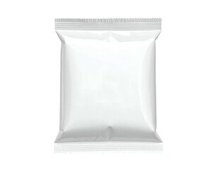 Rendered close-up shows a blank, white, heat-sealed pouch, ready for product placement
