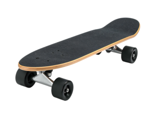 A wooden skateboard with black grip tape and black wheels, isolated on black background