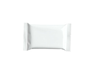 Isolated, blank, white, rectangular, sealed food packaging or product wrapper on black