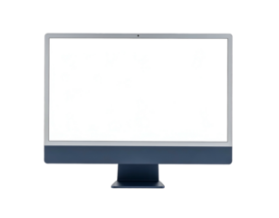 Front view of a modern desktop computer with a blank white screen on black background